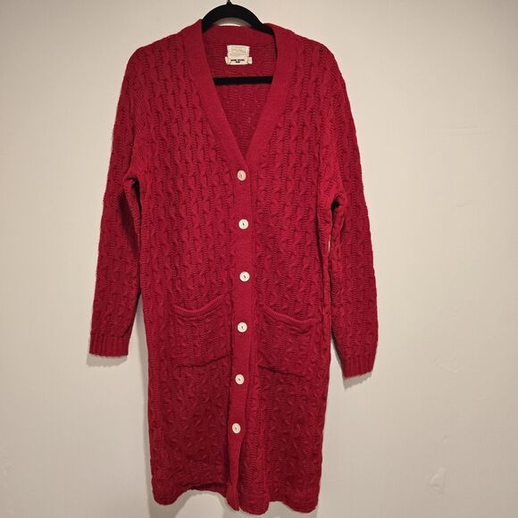 True Vintage 60s 70s Cable Knit Duster Cardigan Sweater Red XL Women Academia - Picture 1 of 9